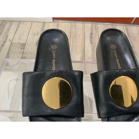 Tory Burch Black Leather Double T Logo Slides Sandals Women's Size - Picture 17 of 17